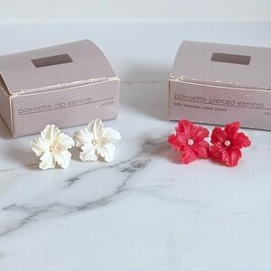 Vintage Avon Poinsettia Earrings Set Red White Pearl Center Clip Pierced NIB
